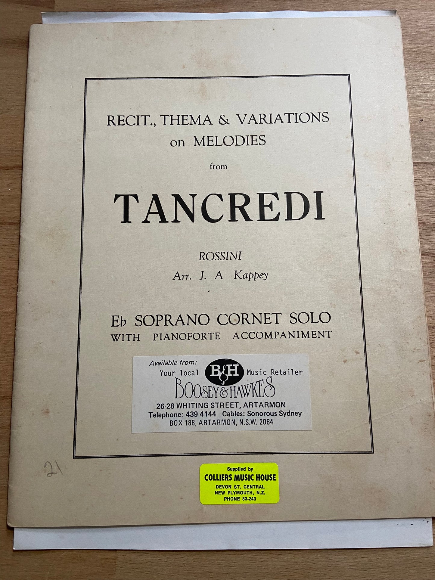 Sheet music cover for 'Recit, Thema & Variations on Melodies from Tancredi' by Rossini