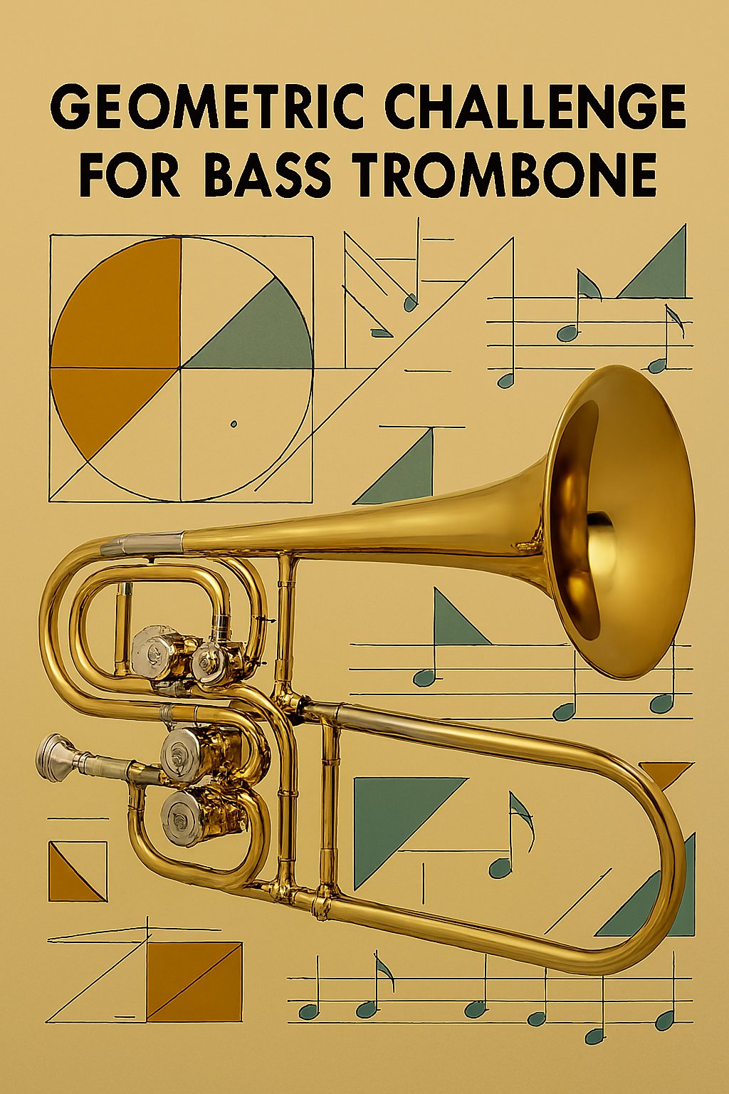 Bass trombone on a beige background with musical notes and geometric shapes