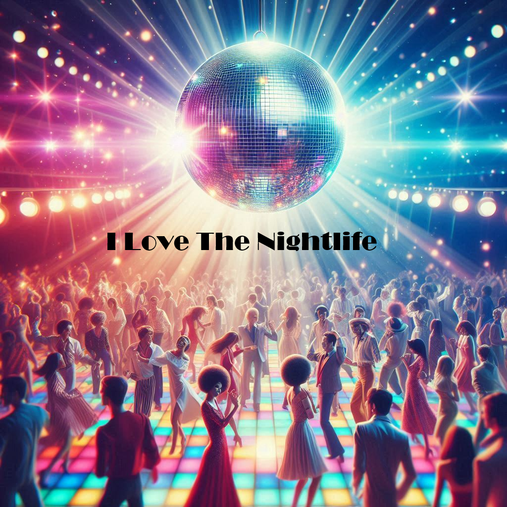 Dance scene with disco ball and 'I Love The Nightlife' text