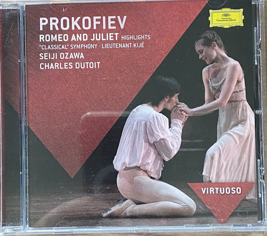 CD cover of Prokofiev's 'Romeo & Juliet' highlights with a classical symphony orchestra performance, featuring a scene from the ballet with a male and female figure in a dramatic pose.