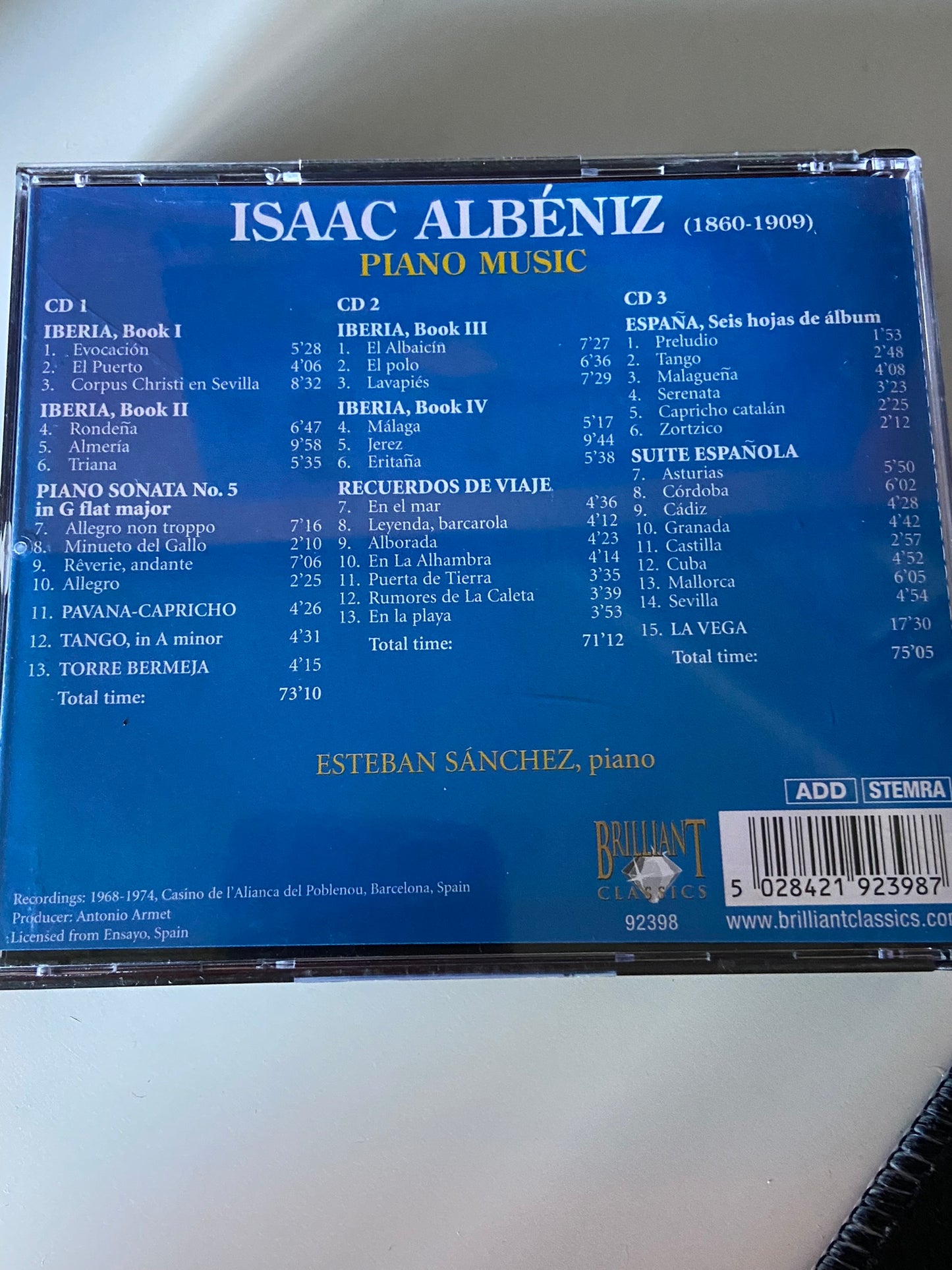 Back cover of a music CD set with Isaac Albéniz piano music on a white background