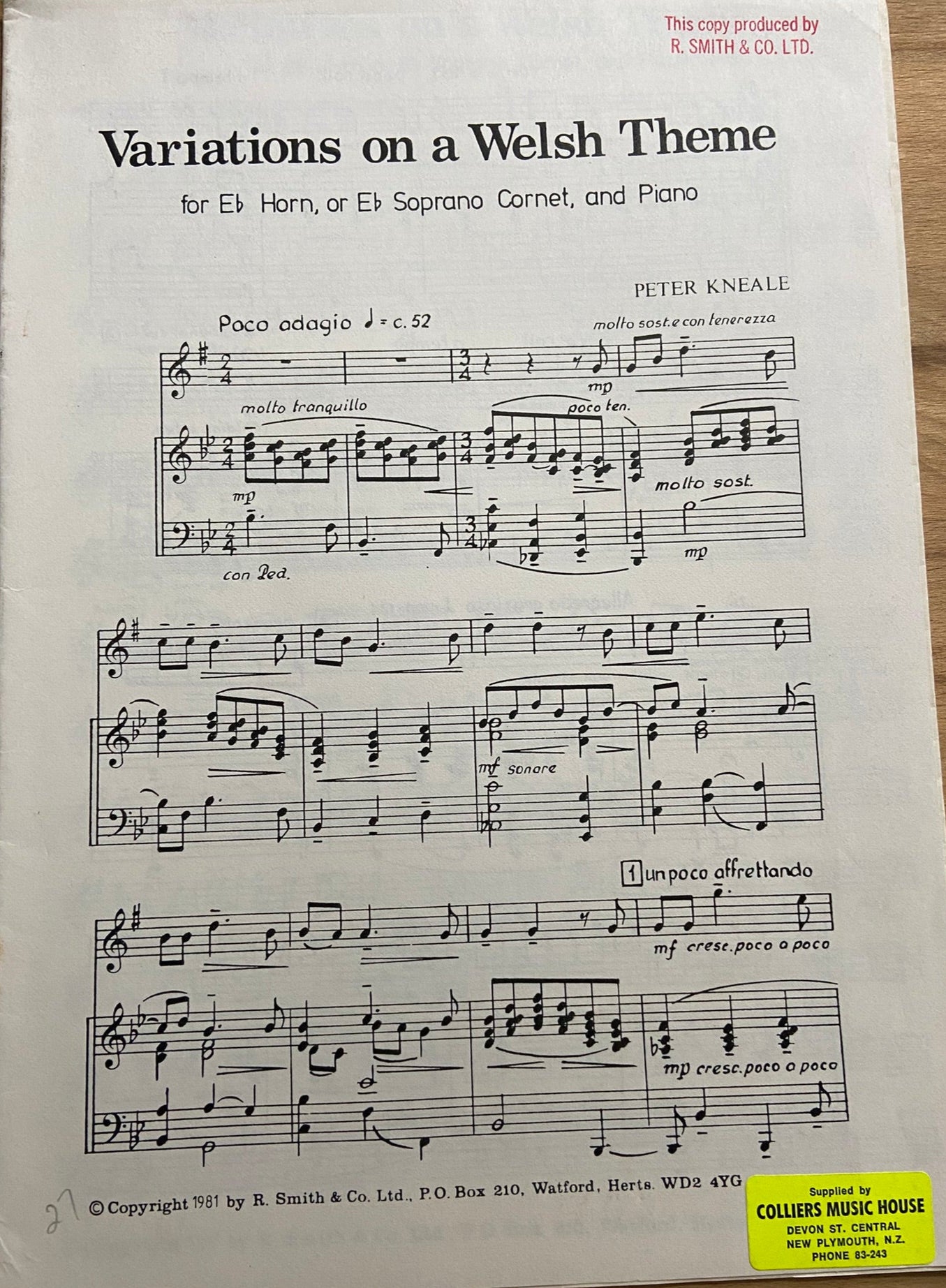 Sheet music for 'Variations on a Welsh Theme' by Peter Kneale. Eb Tenor Horn or Soprano Cornet