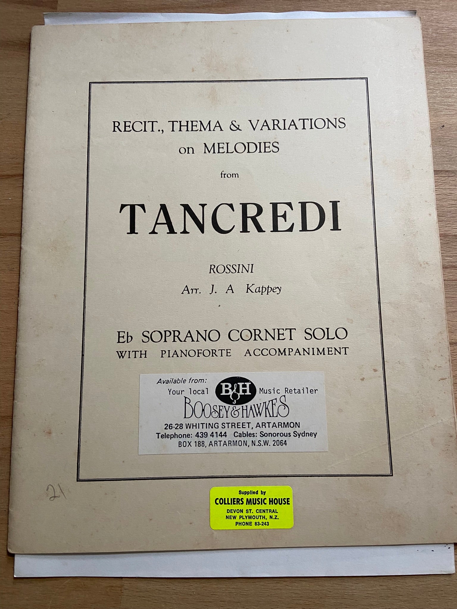 Sheet music cover for 'Recit, Thema & Variations on Melodies from Tancredi' by Rossini 