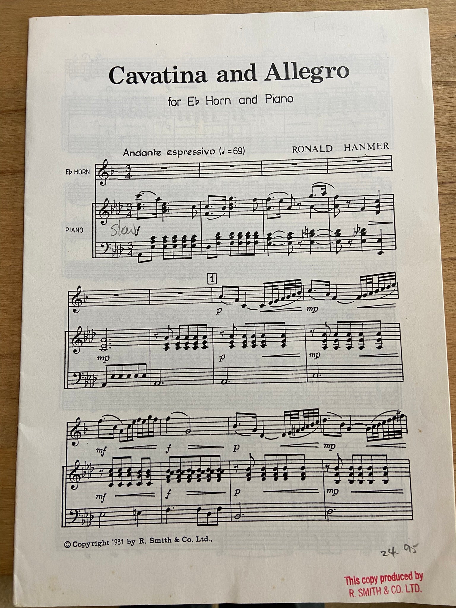 Sheet music for 'Cavatina and Allegro' by Ronald Hannmer for E♭ Horn and Piano 