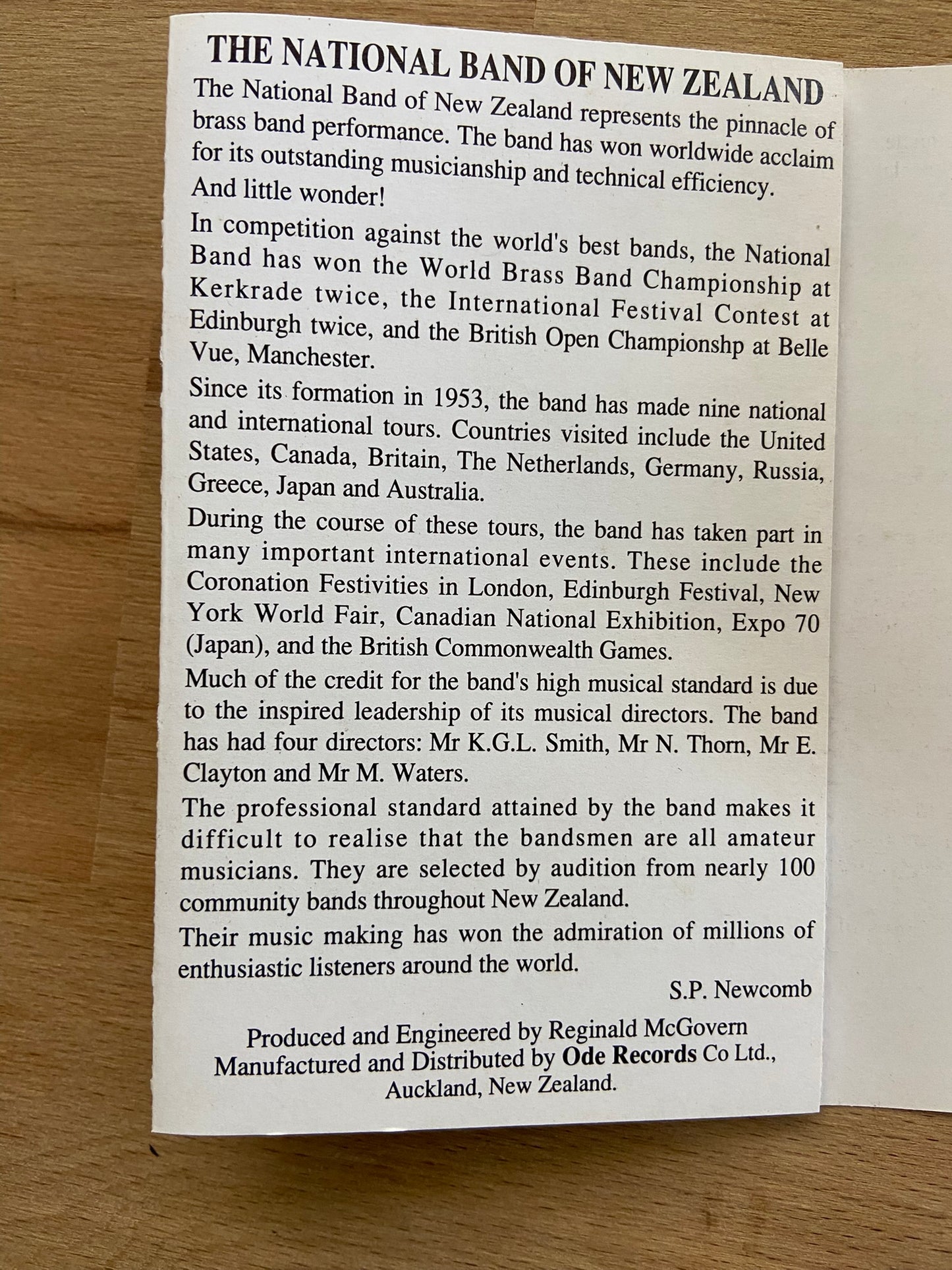 The National Band of New Zealand cassette inner