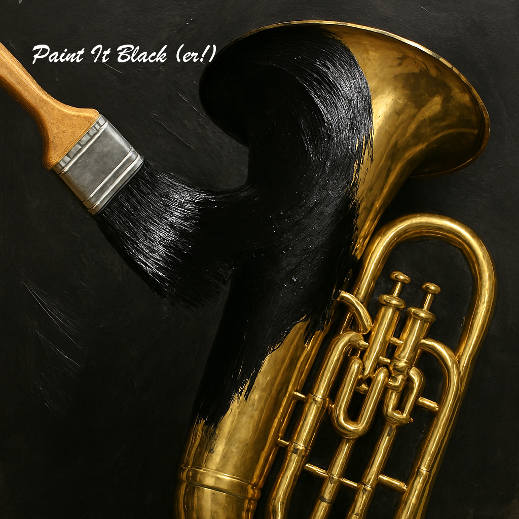 Gold tuba being painted black with a paintbrush on a dark background